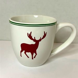 Harry & David Burgundy Stag Deer Christmas Green Stripe Ceramic 16 ounce Mug